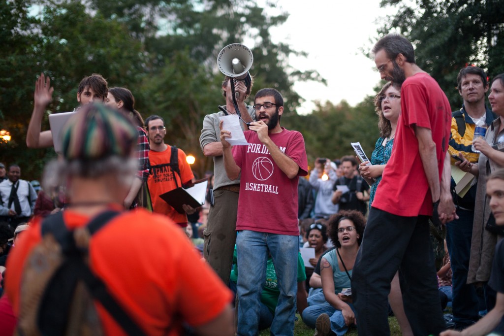 A committee member reads aloud the draft Declaration of Occupy Atlanta